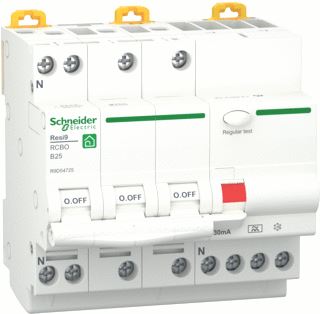 SCHNEIDER ELECTRIC RESI9 AARDLEKAUTOMAAT 3P+N 25A B-KARAKTERISTIEK 6000A 30MA TYPE A