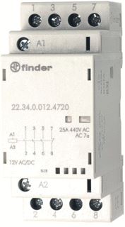 FINDER MAGNEETSCHAKELAAR 35 MM BREED 3 MAAK + 1 VERBREEKCONTACTEN 25A /250VAC1 SPOELSPANNING 12 VAC/DC CONTACTMATERIAAL AGSNO2 MECHANISCHE STANDINDICATIE EN LED