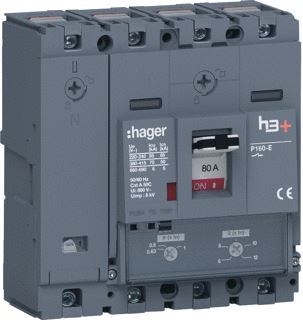 HAGER VERMOGENSAUTOMAAT H3+ P160 TM 4P4D N0-100% 80 A 70 KA KOOIKLEMMEN