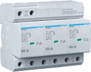 HAGER OVERSP.BEV. T1+T2 3P UC 350 V IIMP 25 KA UP 1,5 KV TNC + SIGN.CONTACT 