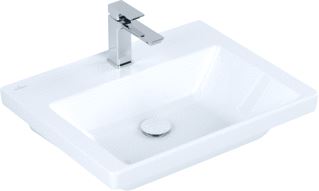 VILLEROY & BOCH SUBWAY 3.0 MEUBELWASTAFEL 600X470MM ONDERKANT GESLEPEN. 3-GATS ARMATUUR MIDDELSTE KRAANGAT GESTOKEN ZONDER OVERLOOP. WIT ALPIN