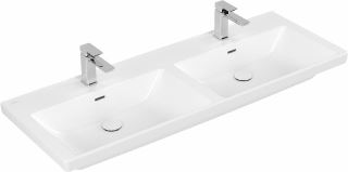 VILLEROY & BOCH SUBWAY 3.0 DUBBELE MEUBELWASTAFEL 1300X470MM. VOOR 2 3-GAT ARMATUREN MIDDELSTE KRAANGAT GESTOKEN MET OVERLOOP. STONE WHITE C+