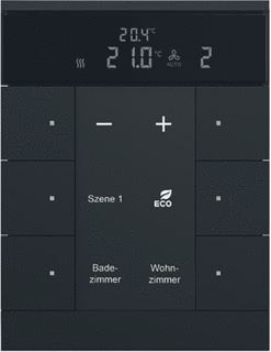 ABB BUSCH KNX TENTON RUIMTETEMPERATUURREGELAAAR MET 6-VOUDIG BEDIENINGSELEMENT MET BUSAANKOPPELAAR MET TEKSTVELD F-MATZWART 