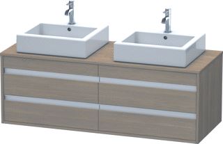 DURAVIT KETHO CONSOLE WASTAFELMEUBEL 1400X550 MM KLEUR FRONT: EIKEN TERRA MAT KLEUR CORPUS: EIKEN TERRA MAT KLEUR GREEP: ZILVER HOOGGLANS AANTAL SCHUIFLADES: 4 AANTAL UITSPARINGEN: 2 SIFONUITSPARING 