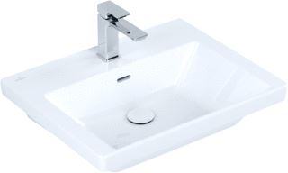 VILLEROY & BOCH SUBWAY 3.0 MEUBELWASTAFEL 600X470MM ONDERKANT GESLEPEN. 3-GATS ARMATUUR MIDDELSTE KRAANGAT GESTOKEN MET OVERLOOP. WIT ALPIN C+