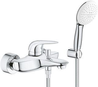 GROHE EUROSTYLE BADKRAAN MET OMSTEL MET KOPPELINGEN MET HANDDOUCHE MET 1 STRAALSOORT HOH=15CM MET HANDDOUCHEHOUDER EN DOUCHESLANG 150CM CHROOM 