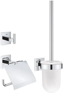 GROHE START CUBE ACCESSOIRESSET 3-IN-1 INCL. CLOSETROLHOUDER MET KLEP EN HANDDOEKHAAK MET CLOSETBORSTELGARNITUUR MET GLAZEN INZET CHROOM 