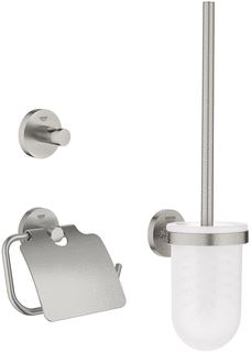 GROHE START ACCESSOIRESSET 3-IN-1 INCL. CLOSETBORSTELGARNITUUR MET MAT GLAZEN INZET EN CLOSETROLHOUDER MET KLEP EN HANDDOEKHAAK SUPERSTEEL 