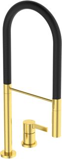 IDEAL STANDARD GUSTO 2-GATS KEUKENKRAAN MET PRO UITLOOP MET HANDDOUCHE MET 2 FUNCTIES VOORSPRONG 22.5CM BRUSHED GOLD/ZWART 