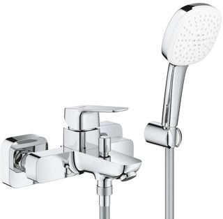 GROHE CUBEO BADKRAAN MET OMSTEL MET KOPPELINGEN MET HANDDOUCHE MET 1 STRAALSOORT HOH=15CM MET WANDDOUCHEHOUDER EN DOUCHESLANG 150CM CHROOM 